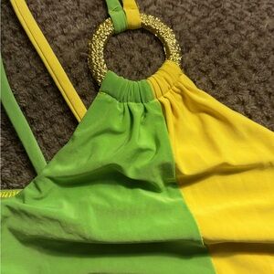 Green and Yellow dress with Gold Ring Detail